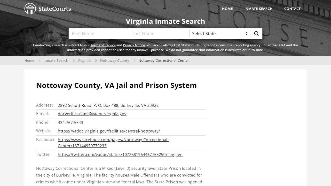 Nottoway Correctional Center Inmate Records Search, Virginia - StateCourts